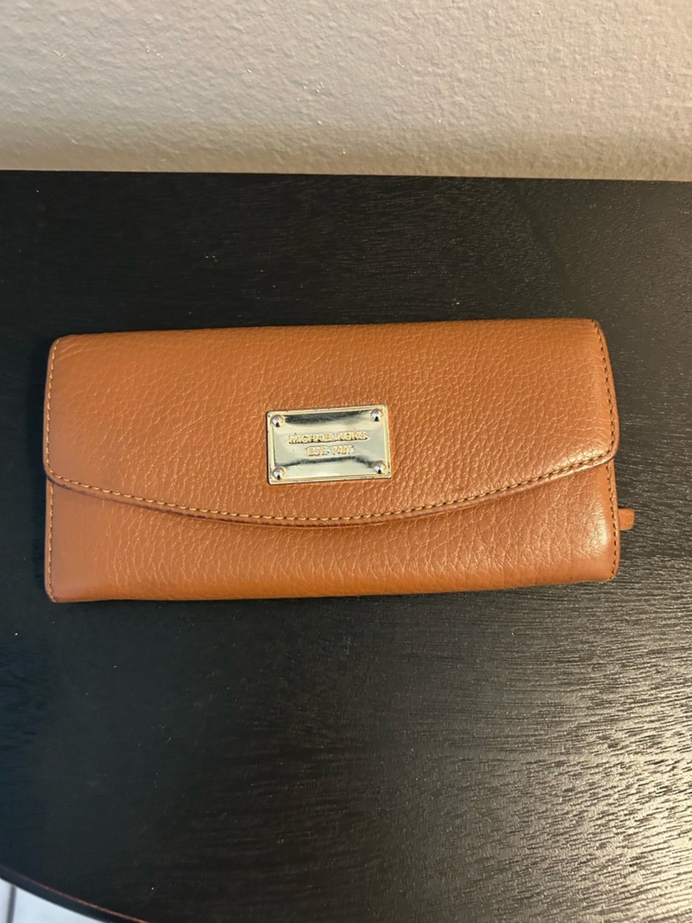 Michael Kors Tan Pebble Leather Continental Wallet with Gold Plaque